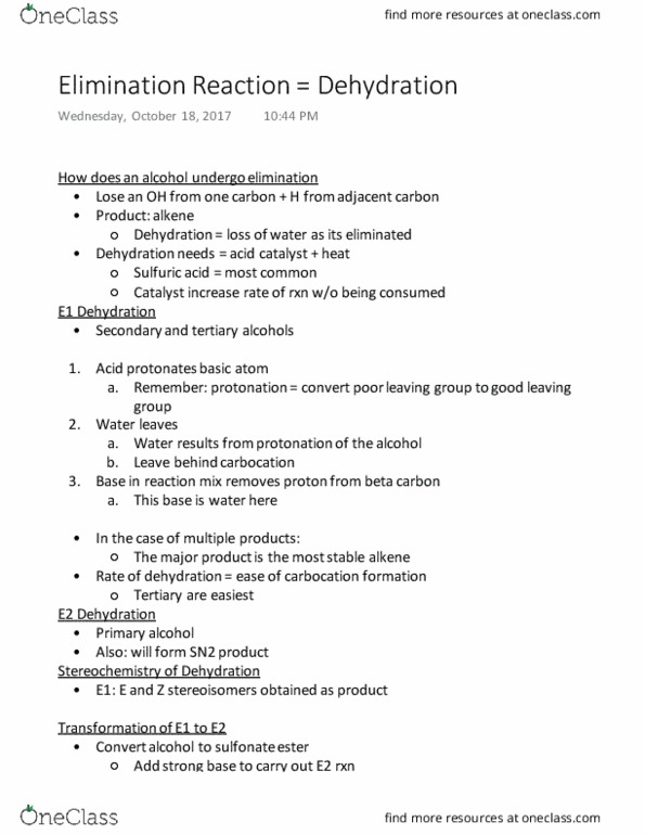 CH-2230 Chapter Notes - Chapter 10: Alkene, Primary Alcohol, Alpha And Beta Carbon thumbnail