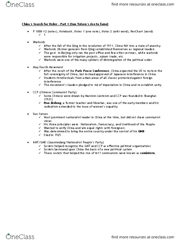HISTORY 1DD3 Lecture Notes - Lecture 14: Chiang Kai-Shek, May Fourth Movement, Communist Party Of China thumbnail