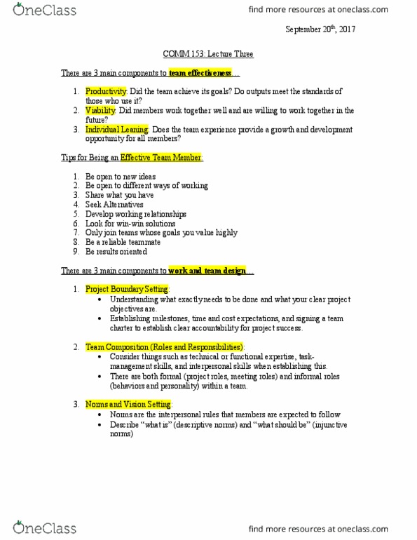 COMM 153 Lecture Notes - Lecture 3: Decision-Making, Task Management, Meeting thumbnail