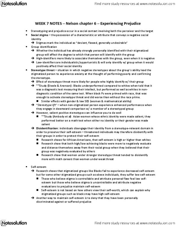 PSY100H1 Chapter Notes -Stereotype Threat, Ingroups And Outgroups thumbnail