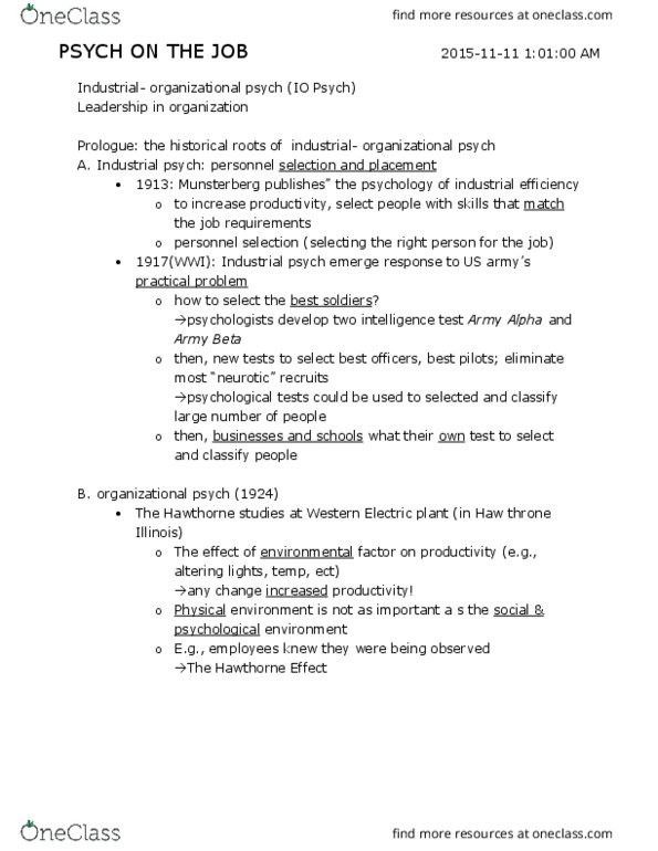 Psychology 2990A/B Lecture Notes - Lecture 5: Job Satisfaction, Army Beta, Personnel Selection thumbnail