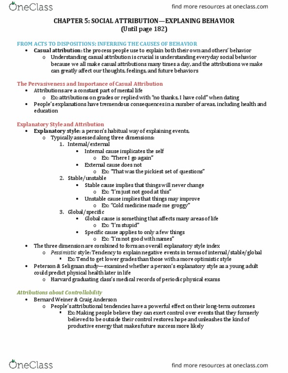 PSY BEH 104S Chapter Notes - Chapter 15: Explanatory Style, Controllability, Dispositional Attribution thumbnail