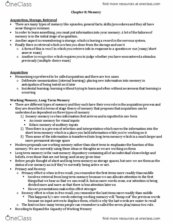 PSY BEH 11B Chapter Notes - Chapter 8: Forgetting Curve, Amygdala, Semantic Memory thumbnail