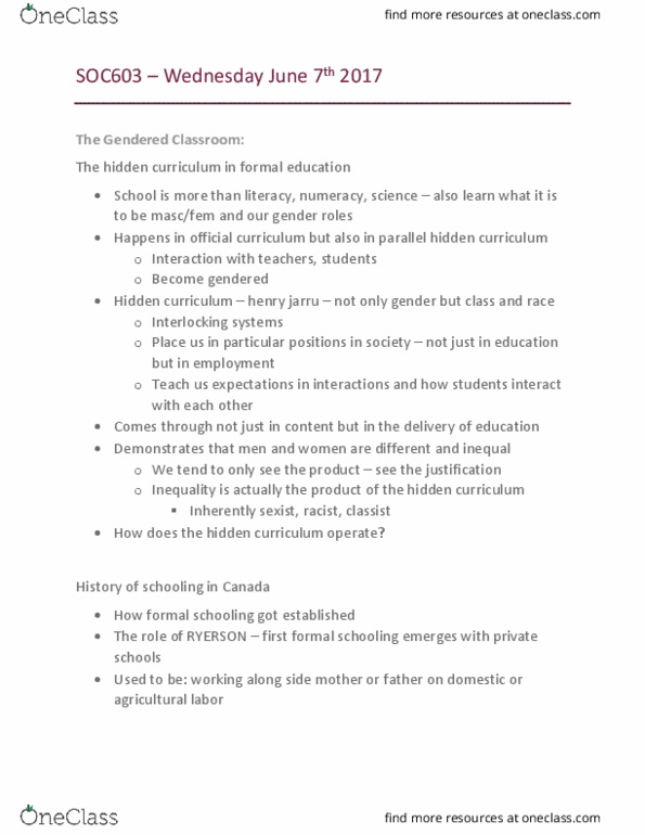 SOC 603 Lecture Notes - Lecture 7: Class Discrimination, Hidden Curriculum, Upper Canada College thumbnail
