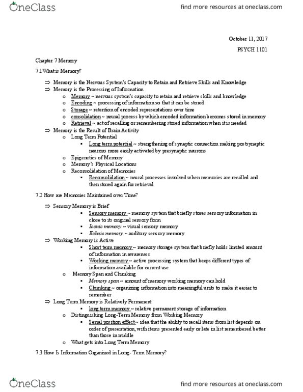 PSYC 1101 Chapter Notes - Chapter 7: Attention, Histone Deacetylase, Long-Term Memory thumbnail