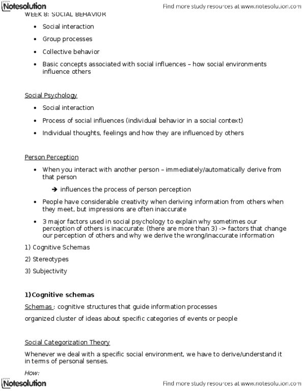 PSYC 1002 Lecture Notes - Social Perception, Stereotype, Collective Behavior thumbnail