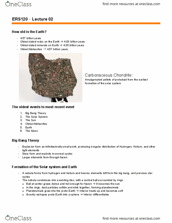 ERS120H5 Lecture Notes - Lecture 2: Chondrite, Big Bang, Oldest Dated Rocks thumbnail