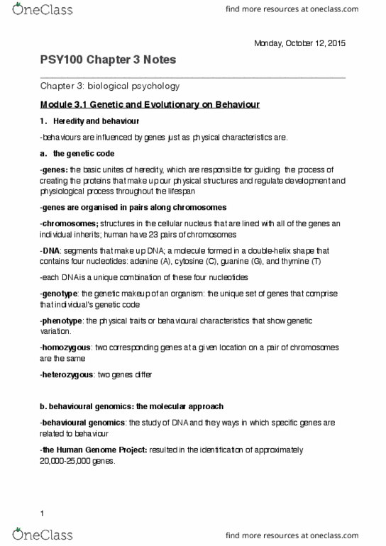 PSY100H1 Lecture Notes - Lecture 3: Advantageous, Hindbrain, Egg Cell thumbnail