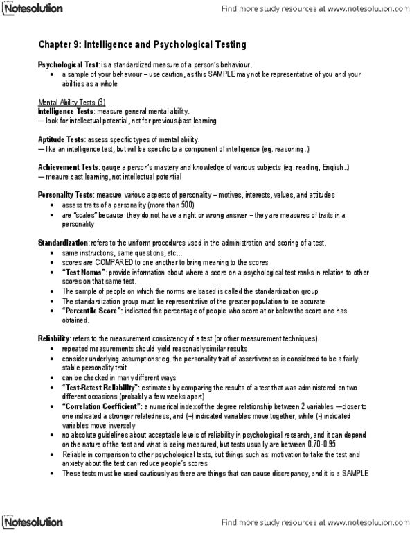 PS102 Chapter Notes - Chapter 9: Intelligence Quotient, Fragile X Syndrome, Content Validity thumbnail