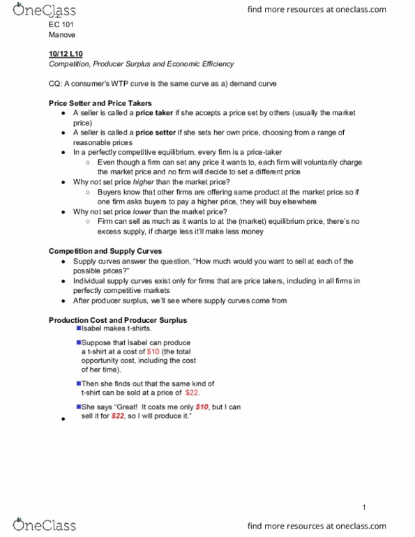 CAS EC 101 Lecture Notes - Lecture 10: Opportunity Cost, Market Power, Marginal Cost thumbnail