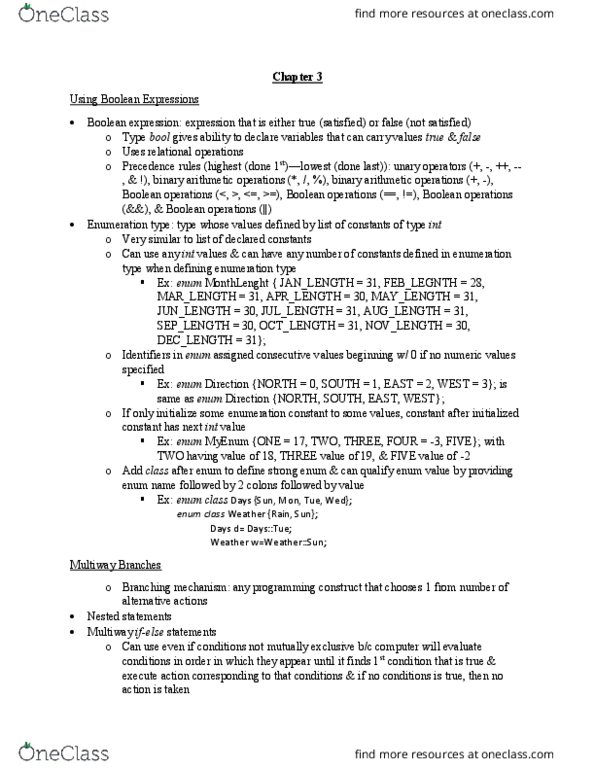 CISC 1600 Chapter Notes - Chapter 3: Switch Statement, Boolean Expression thumbnail