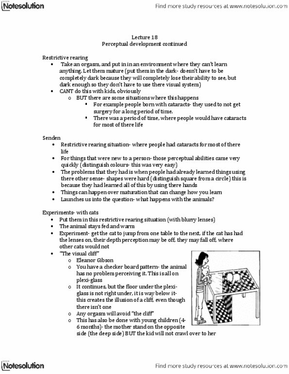 Psychology 2115A/B Lecture Notes - Lecture 18: Eleanor J. Gibson, Perceptual Learning, Depth Perception thumbnail