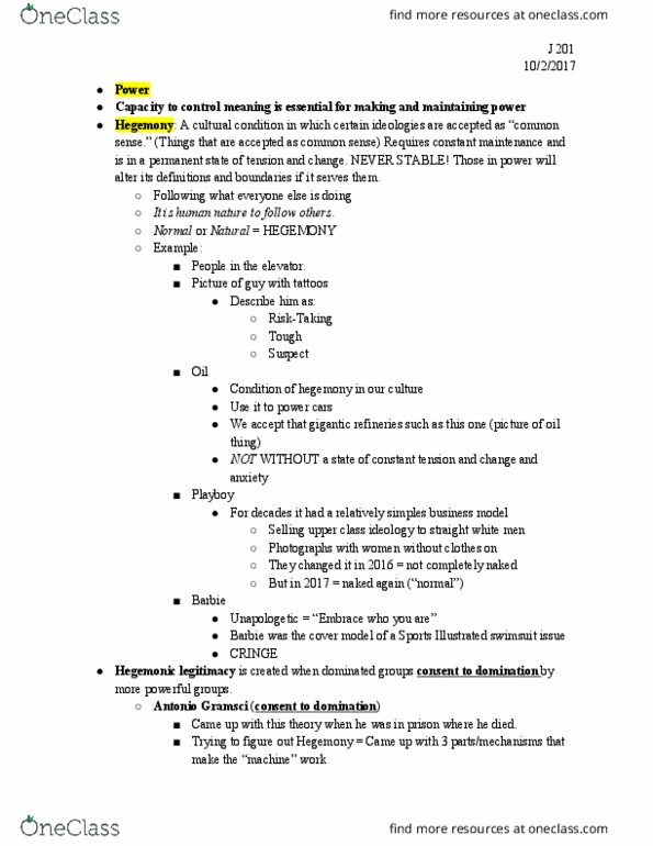 J 201 Lecture Notes - Lecture 3: The Lego Movie, Antonio Gramsci, Nonconformist thumbnail