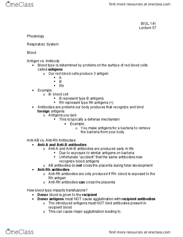 BIOL 141 Lecture Notes - Lecture 57: Blood Type, Antigen, Blood Test thumbnail