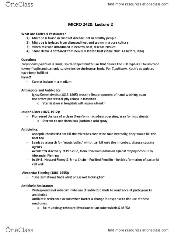 MICR 2420 Lecture Notes - Lecture 1: Microorganism, Frederick Griffith, Genome Size thumbnail