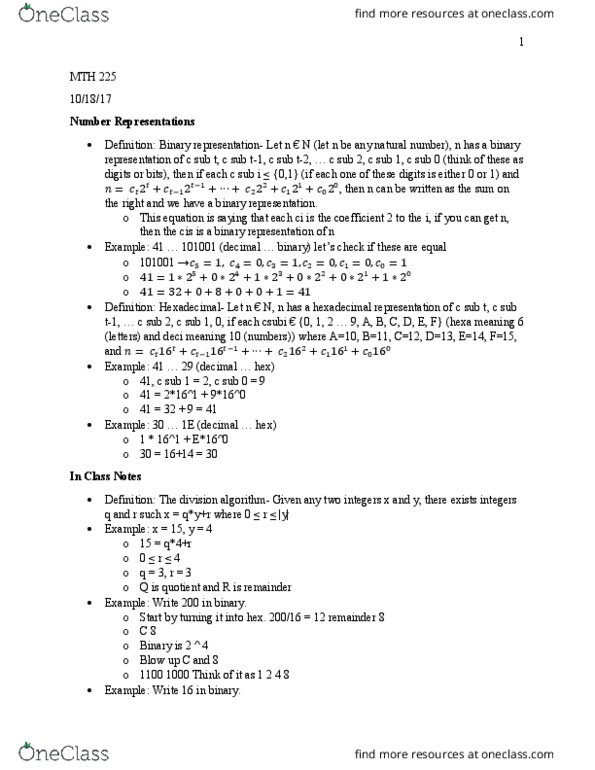 MTH 225 Lecture Notes - Lecture 1: Division Algorithm, Negative Number, Natural Number thumbnail