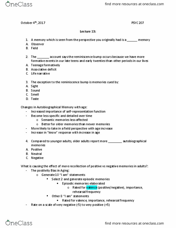 PSYC 207 Lecture Notes - Lecture 13: Frontal Lobe, Dysgeusia, Episodic Memory thumbnail