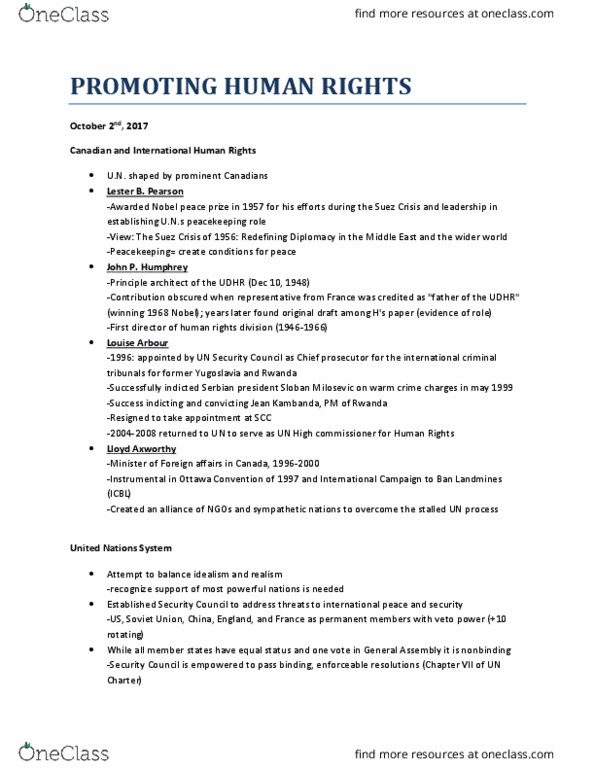 SOSC 2351 Lecture Notes - Lecture 2: Louise Arbour, International Criminal Court, Universal Declaration Of Human Rights thumbnail