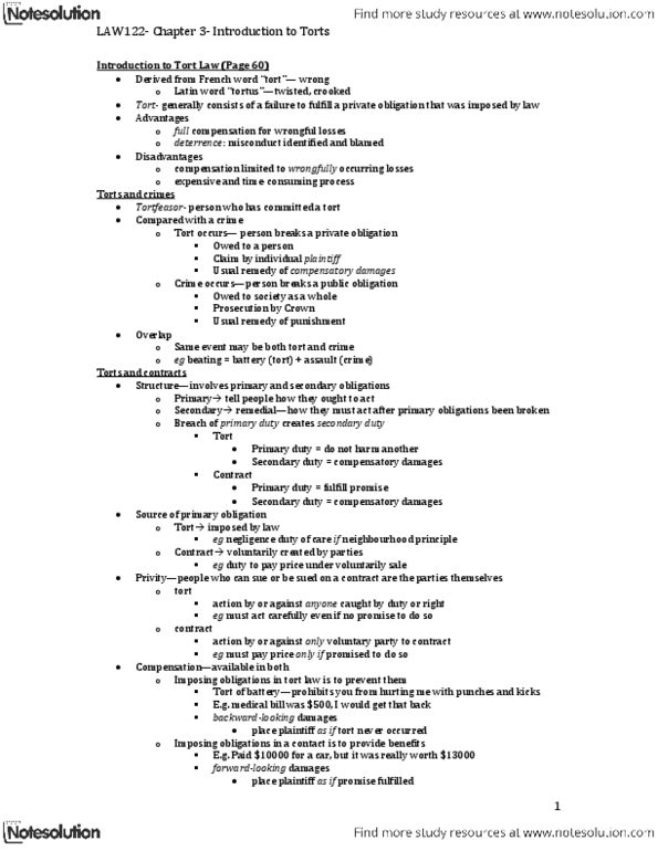 LAW 122 Chapter Notes - Chapter 3: Rylands V Fletcher, Battery (Tort), False Imprisonment thumbnail