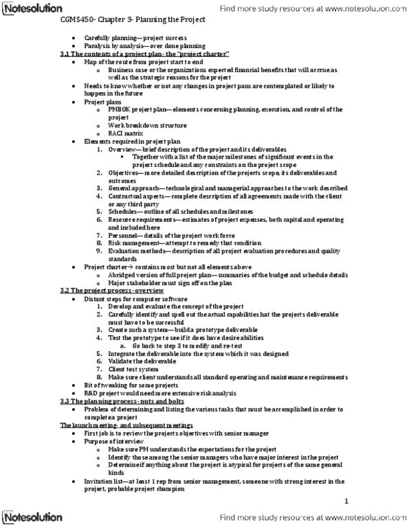 GMS 450 Chapter Notes - Chapter 3: Work Breakdown Structure, Executive Sponsor, Responsibility Assignment Matrix thumbnail