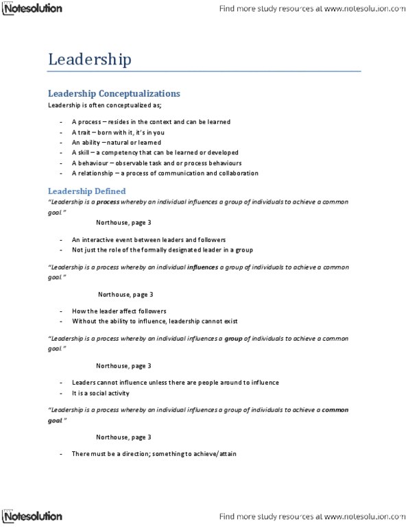 Business Administration 3323K Lecture Notes - Situational Leadership Theory, Leadership Studies, Transformational Leadership thumbnail