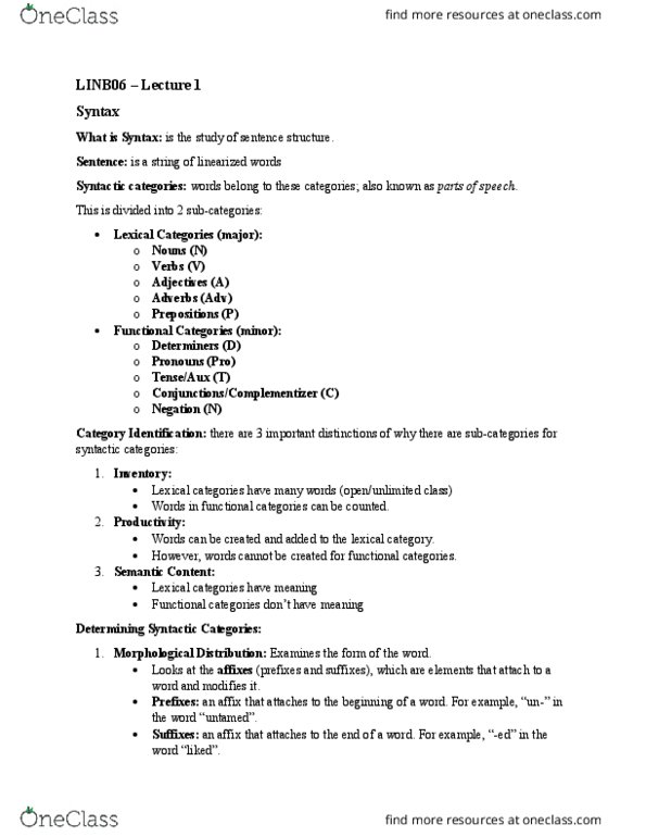 LINB06H3 Lecture Notes - Lecture 1: Affix, Syntactic Category, Cactus thumbnail