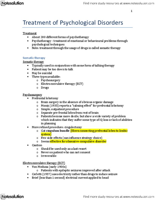 Psychology 1000 Lecture Notes - Lobotomy, Electroconvulsive Therapy, Monoamine Oxidase Inhibitor thumbnail