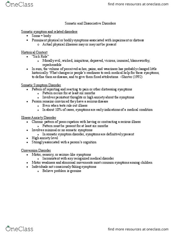 PSY 309 Lecture Notes - Lecture 8: Cognitive Behavioral Therapy, Somatization, Malingering thumbnail