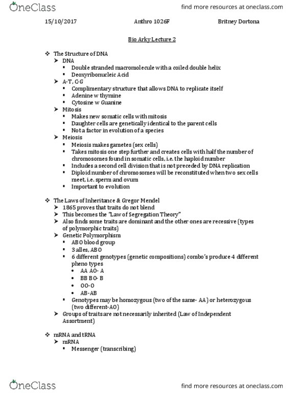 Anthropology 1026F/G Lecture Notes - Lecture 2: Ploidy, Macroevolution, Peptide thumbnail