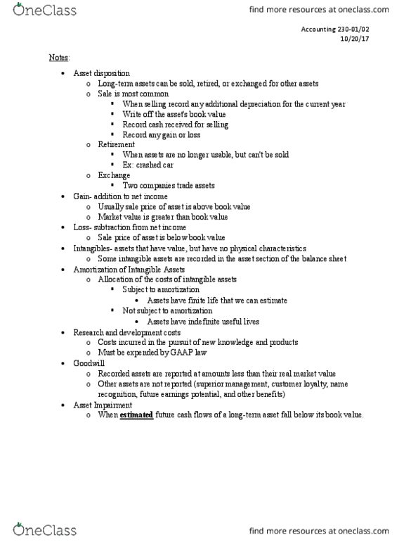 ACCTG 230 Lecture 21: Friday 10-20 Notes (asset disposition) thumbnail