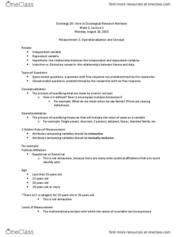 SOCIOL 20 Lecture Notes - Lecture 2: Operationalization, Systematic Sampling, Single Parent thumbnail