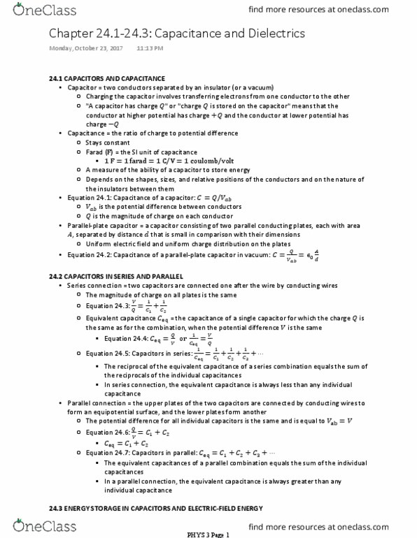 PHYS 3 Chapter Notes - Chapter 24.1-24.3: Electrical Energy, Equipotential, Farad thumbnail