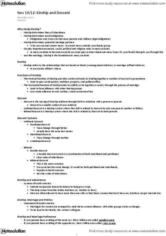 ANTHR101 Lecture Notes - Consanguinity, Patrilineality, Bilateral Descent thumbnail