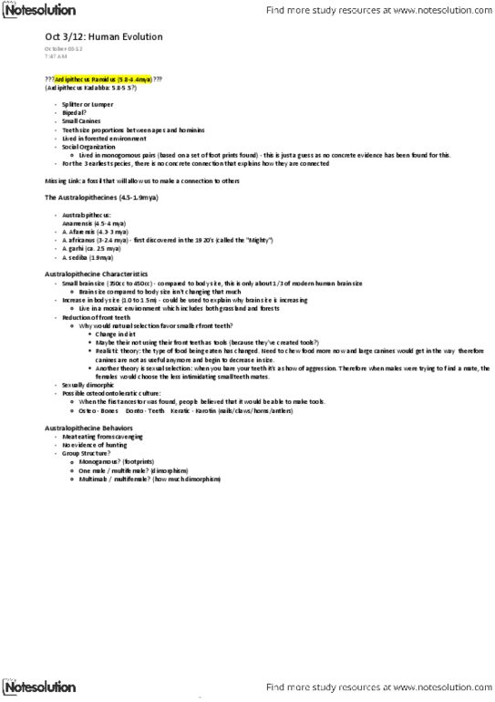 ANTHR101 Lecture Notes - Australopithecus Sediba, Australopithecus Garhi, Ardipithecus thumbnail