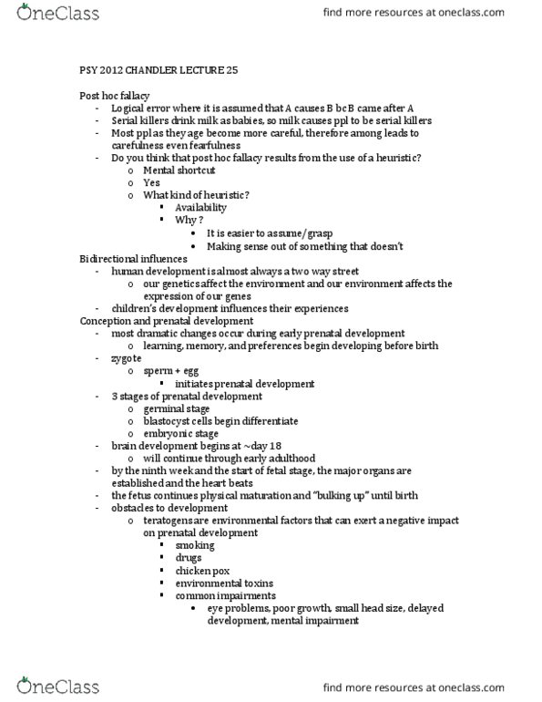 PSY 2012 Lecture Notes - Lecture 25: Prenatal Development, Fetus, Blastocyst thumbnail