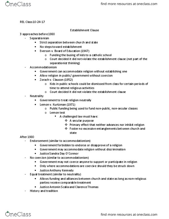 REL 130 Lecture 14: REL Class 10-24-17 Establishment Clause thumbnail