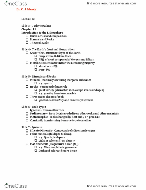 GEOG 1290 Lecture Notes - Lecture 12: Mineral Alteration, Clastic Rock, Feldspar thumbnail
