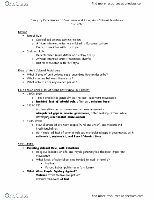 HIST 439 Lecture Notes - Lecture 9: Indirect Rule, Mediumship, John Langalibalele Dube thumbnail