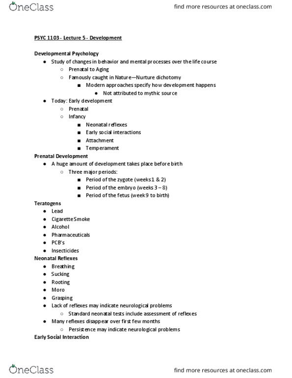 PSYC 1103 Lecture Notes - Lecture 5: Prenatal Development, Fetus, Zygote thumbnail