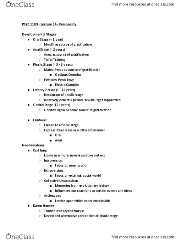 PSYC 1103 Lecture Notes - Lecture 14: Oedipus Complex, Electra Complex, Genital Stage thumbnail