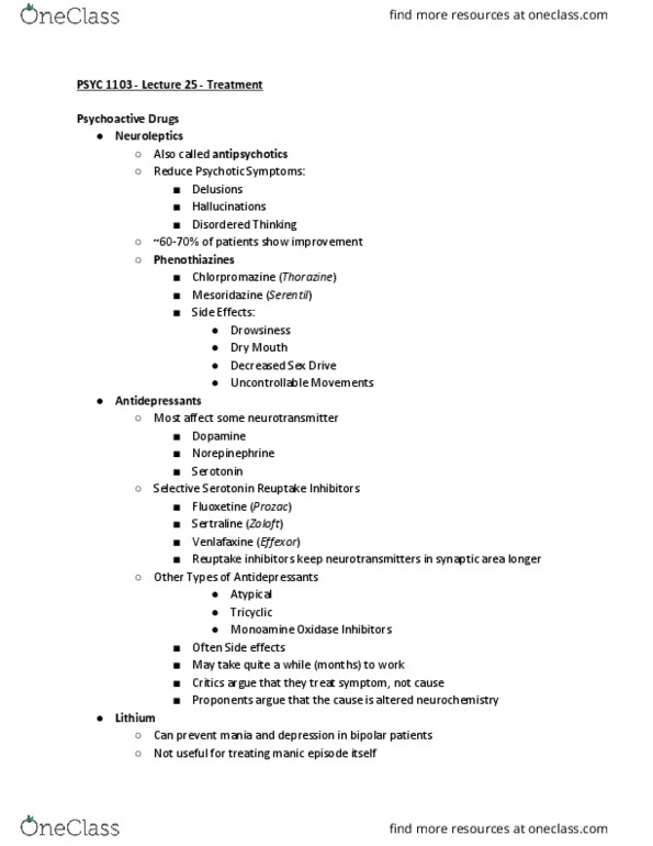 PSYC 1103 Lecture Notes - Lecture 25: Alprazolam, Reuptake, Phenothiazine thumbnail