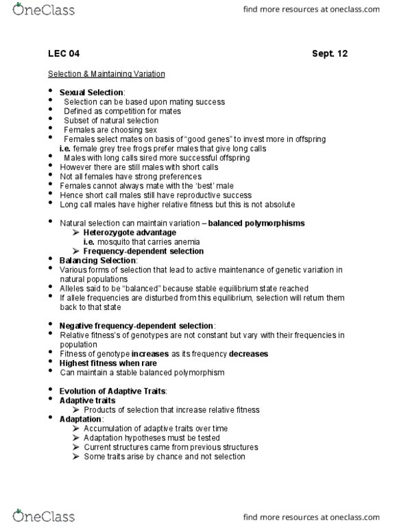 BIOA01H3 Lecture Notes - Lecture 4: Heterozygote Advantage, Allele Frequency thumbnail