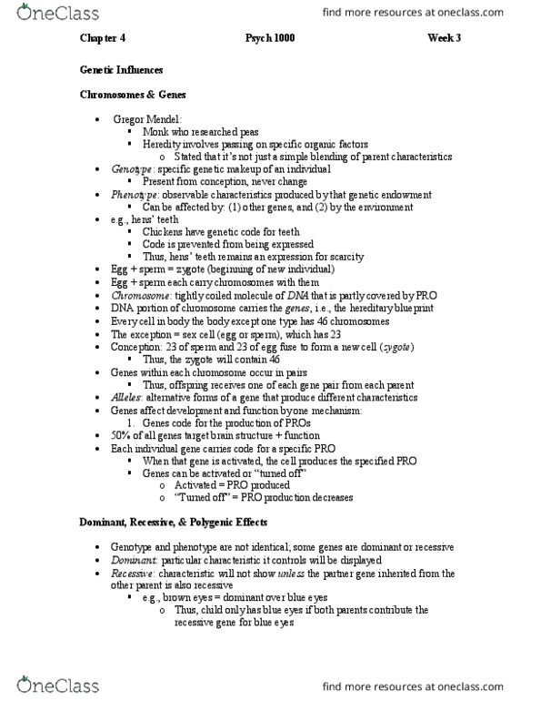 Psychology 1000 Lecture Notes - Lecture 3: Robert Trivers, Twin Study, Zygote thumbnail