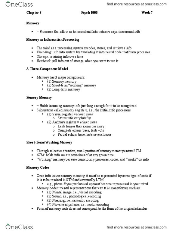 Psychology 1000 Lecture Notes - Lecture 7: Master Control, Neural Pathway, Celery thumbnail