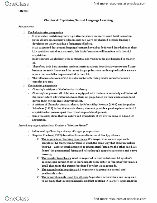 LIN380H5 Chapter Notes - Chapter 4: Contrastive Analysis, Behaviorism, Animacy thumbnail