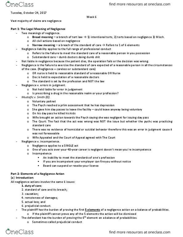 Law 3101A/B Lecture Notes - Lecture 6: Nervous Shock In English Law, Plastic Surgery, Hypotension thumbnail