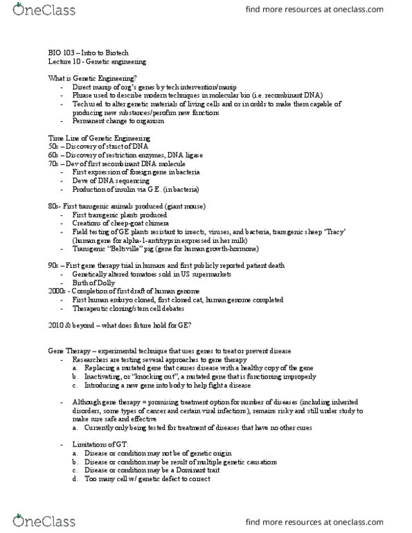 BIO 103 Lecture Notes - Lecture 10: Genetic Engineering, Gene Gun, Dna Ligase thumbnail