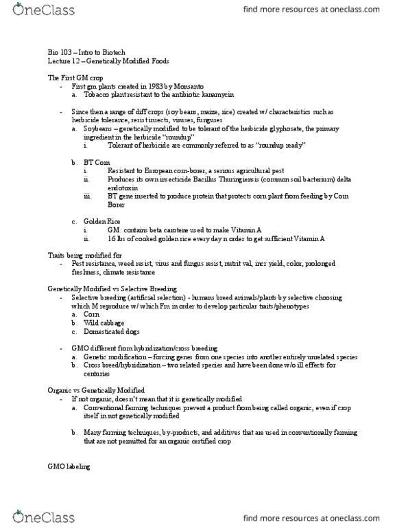 BIO 103 Lecture Notes - Lecture 12: Golden Rice, Kanamycin A, Vitamin A thumbnail