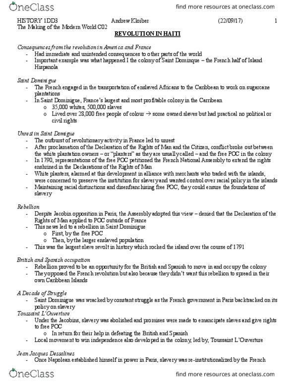 HISTORY 1DD3 Lecture Notes - Lecture 4: Individual And Group Rights, Toussaint Louverture, Jean-Jacques Dessalines thumbnail