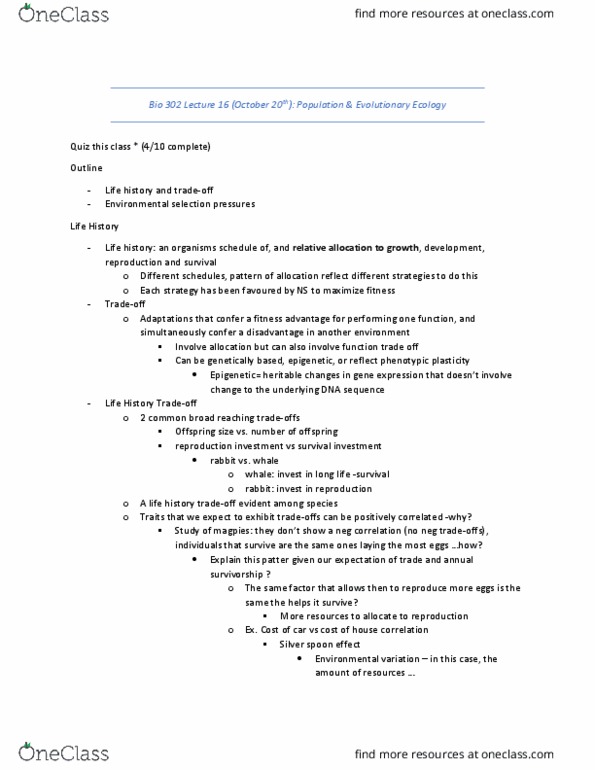 BIOL 302 Lecture Notes - Lecture 16: Phenotypic Plasticity, Pleiotropy, Silver Spoon thumbnail